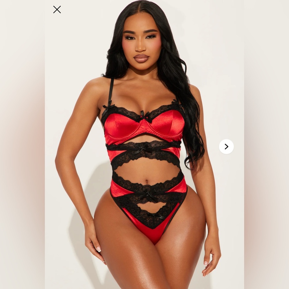 Fashion Nova Red and Black Lace Bodysuit
